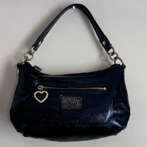 Coach Poppy Black Patent Leather Handbag With Heart Zipper